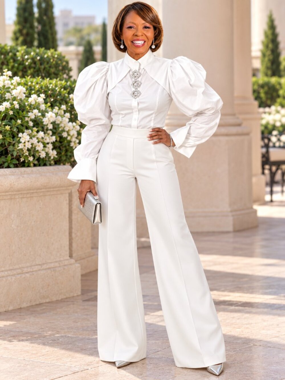 White Puff Sleeve Rhinestone Button Blouse  Elegant Statement Top | Sizes L & XL